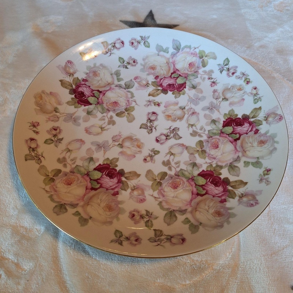 Vintage Bavaria Schumann Arzberg Germany Wild Rose Gold Trim 12' Chop Plate